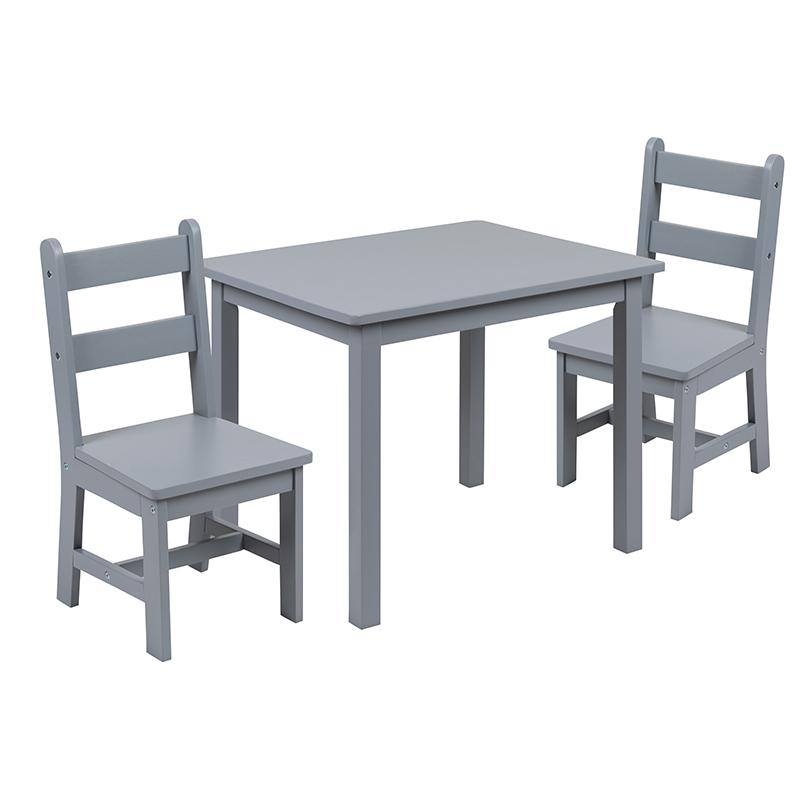 Kids Solid Hardwood Table And Chair Set For Playroom, Bedroom, Kitchen - 3 Piece Set - Gray