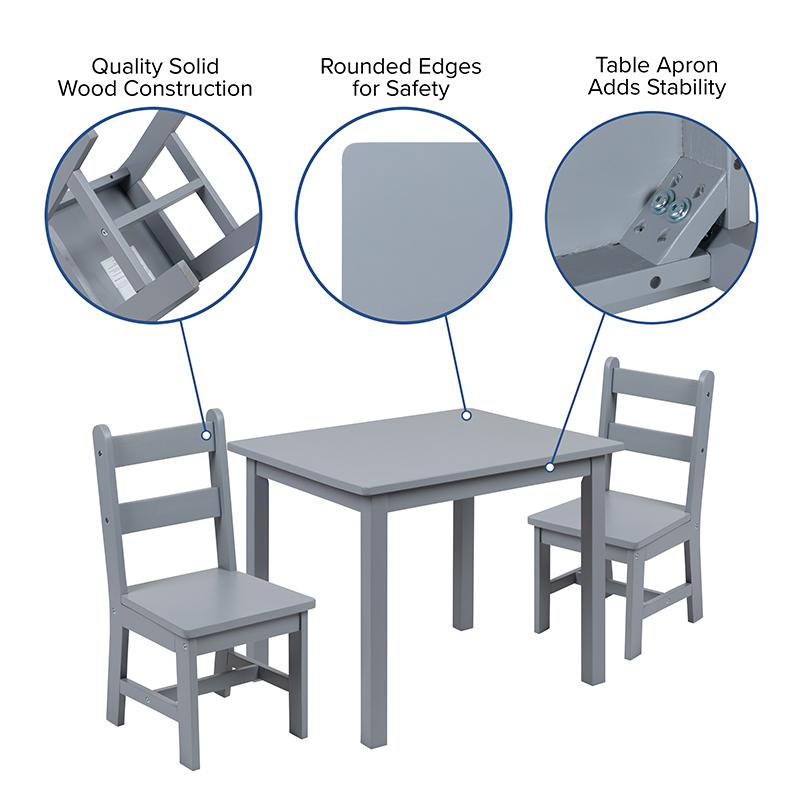 Kids Solid Hardwood Table And Chair Set For Playroom, Bedroom, Kitchen - 3 Piece Set - Gray