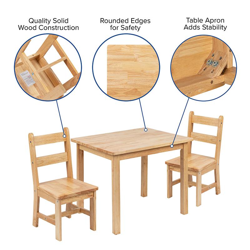 Kids Solid Hardwood Table and Chair Set - 3 Piece Set for Playroom, Bedroom, and Kitchen - Natural