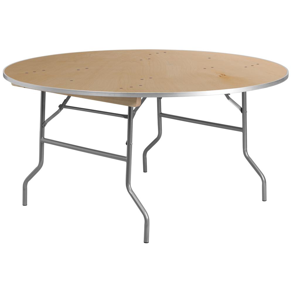 5-Foot Round Birchwood Folding Banquet Table with Metal Edges