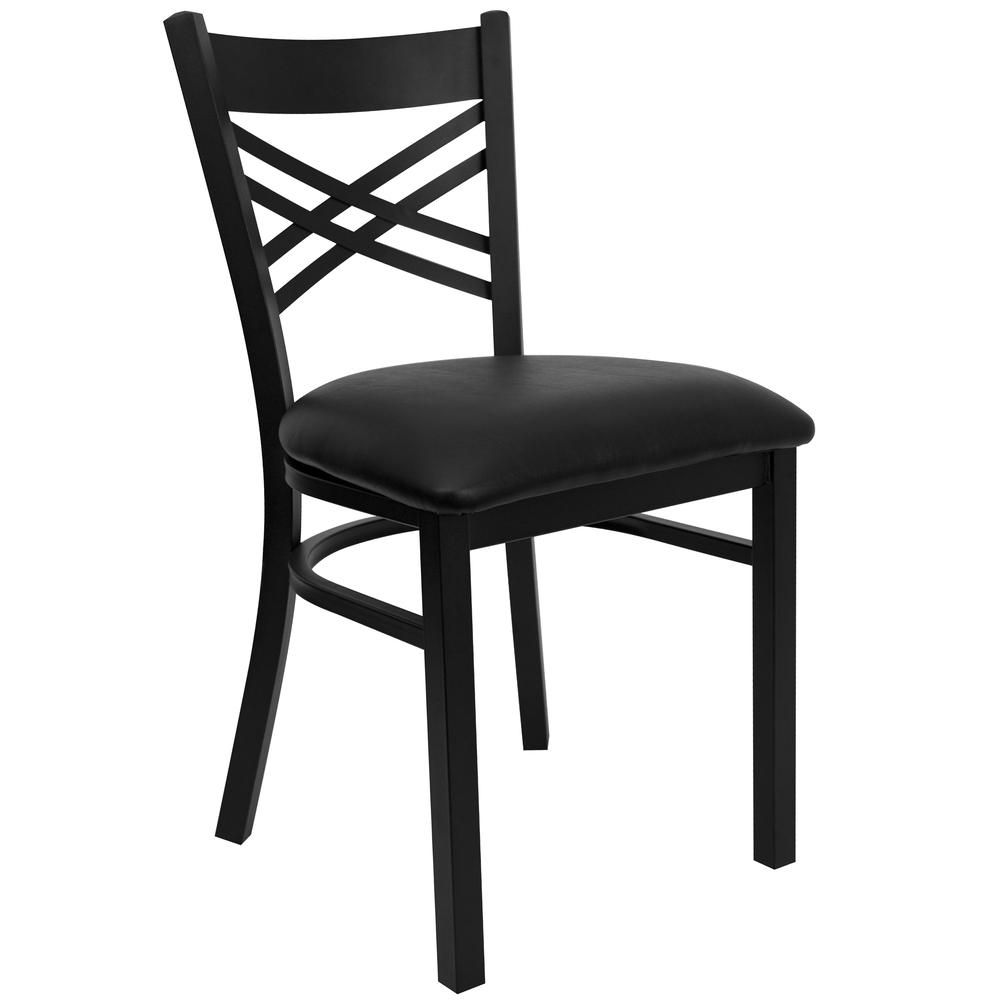 Image of Hercules Series Black ''X'' Back Metal Restaurant Chair - Black Vinyl Seat