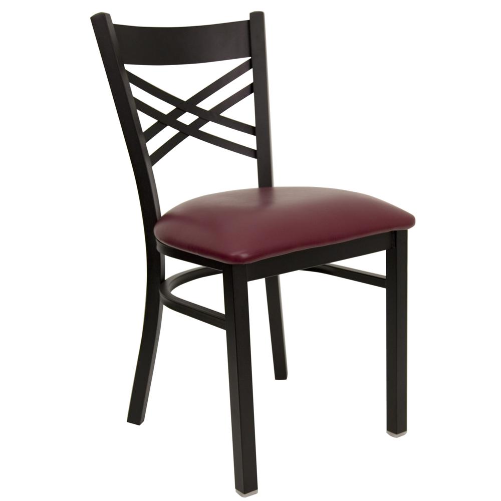 Image of Hercules Series Black ''X'' Back Metal Restaurant Chair - Burgundy Vinyl Seat