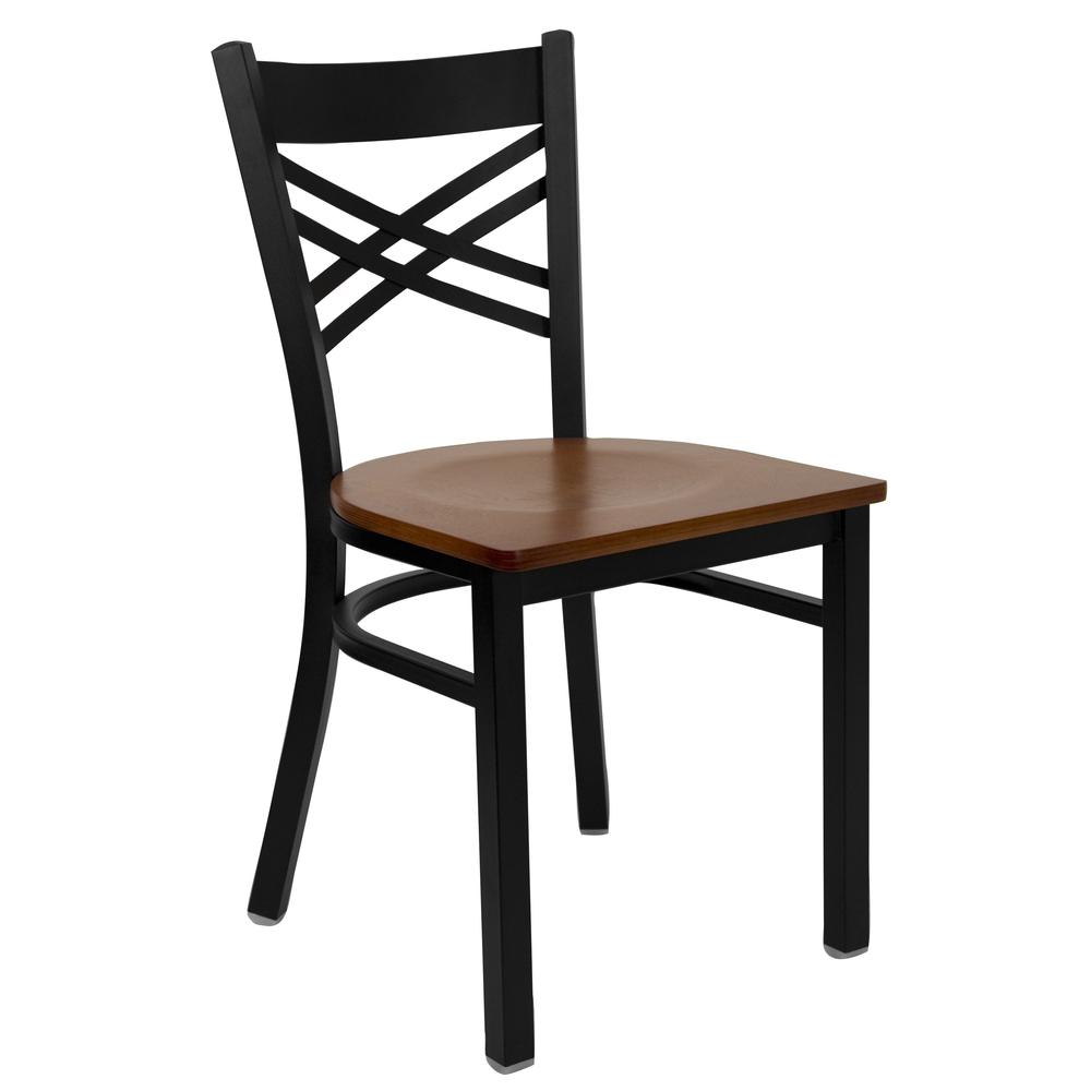 Image of Hercules Series Black ''X'' Back Metal Restaurant Chair - Cherry Wood Seat