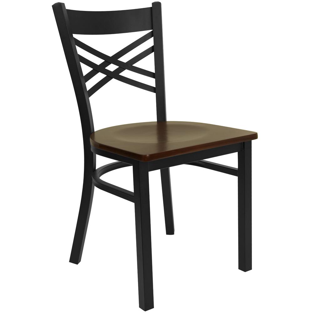 Image of Hercules Series Black ''X'' Back Metal Restaurant Chair - Mahogany Wood Seat