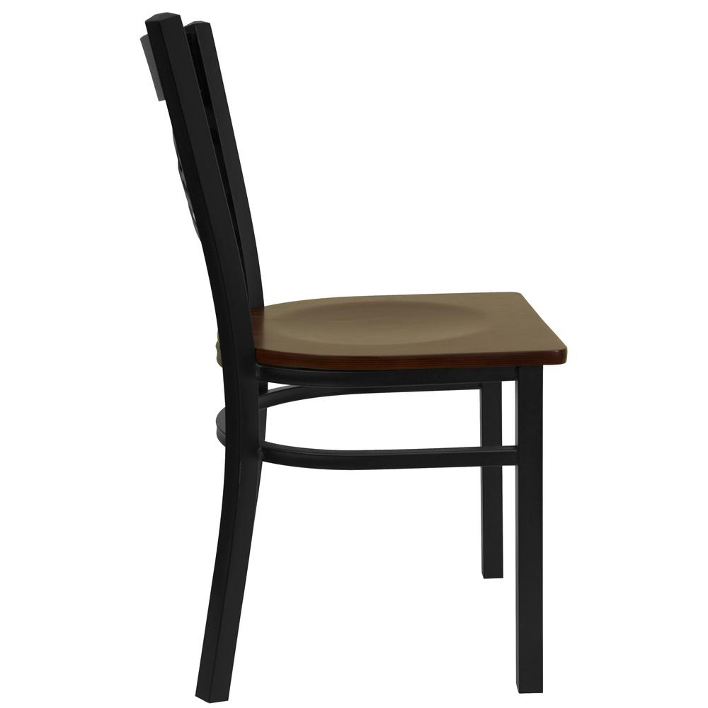 Hercules Series Black ''X'' Back Metal Restaurant Chair - Mahogany Wood Seat