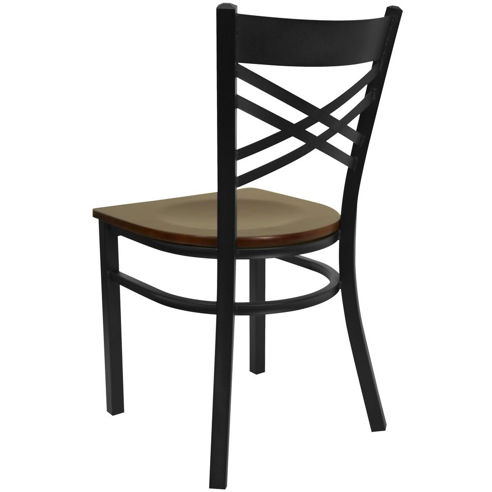 Hercules Series Black ''X'' Back Metal Restaurant Chair - Mahogany Wood Seat