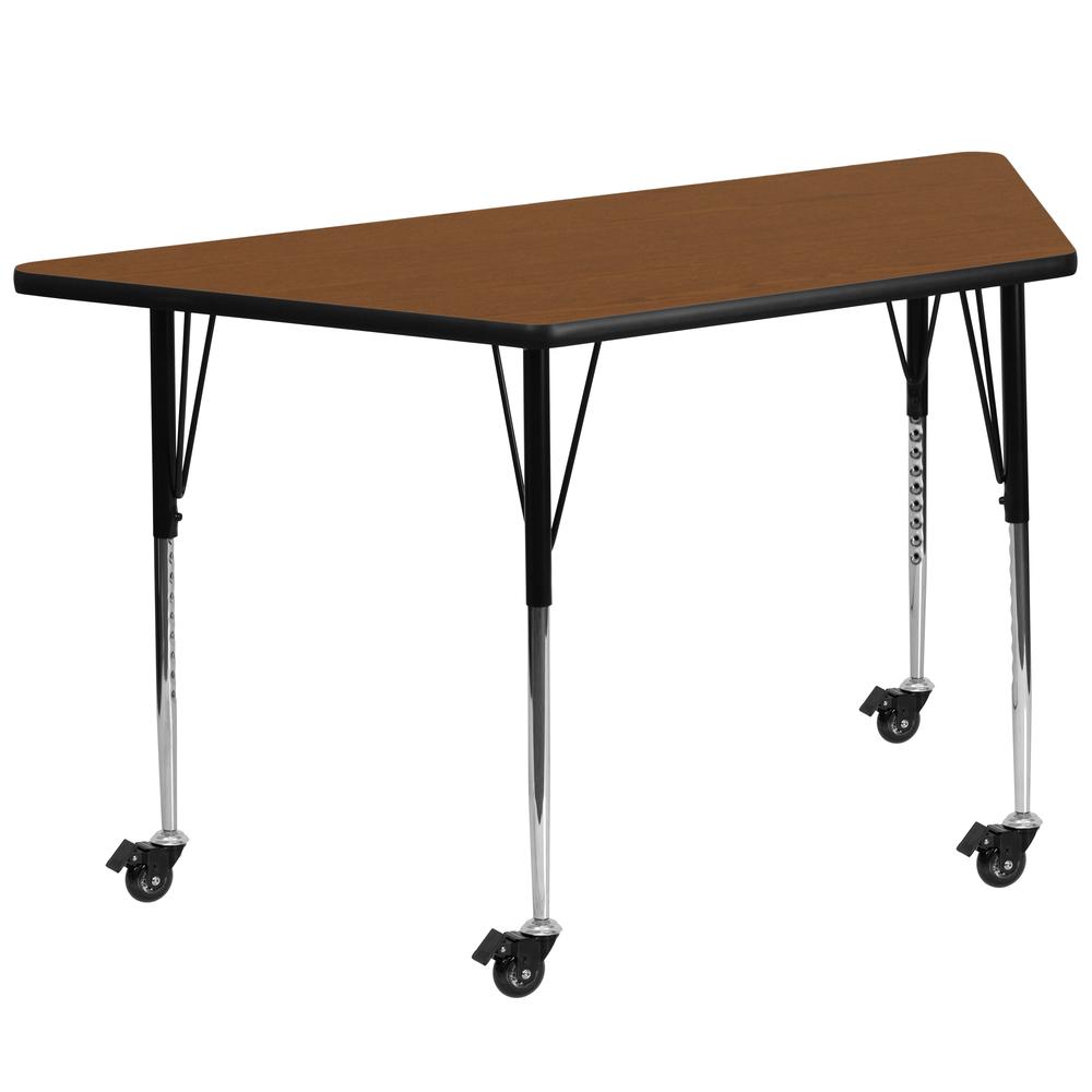 29-W x 57-L Trapezoid Oak HP Laminate Activity Table - Standard Height Adjustable Legs