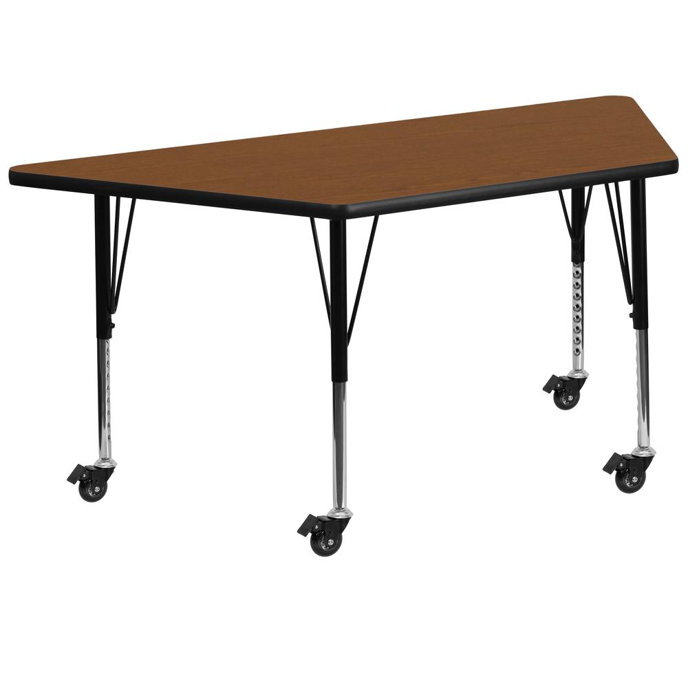Mobile 29-W x 57-L Trapezoid Oak HP Laminate Activity Table - Height Adjustable Short Legs
