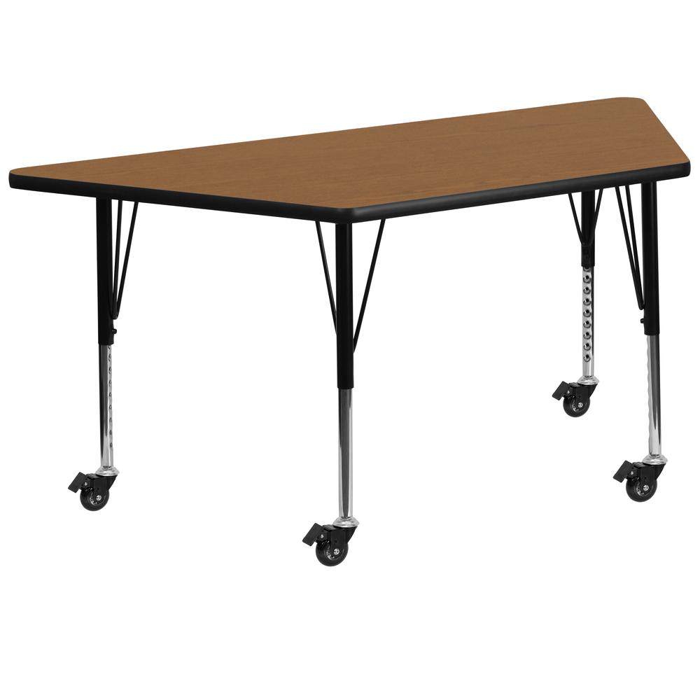 29-W x 57-L Trapezoid Oak Thermal Laminate Activity Table - Short Legs, Height Adjustable