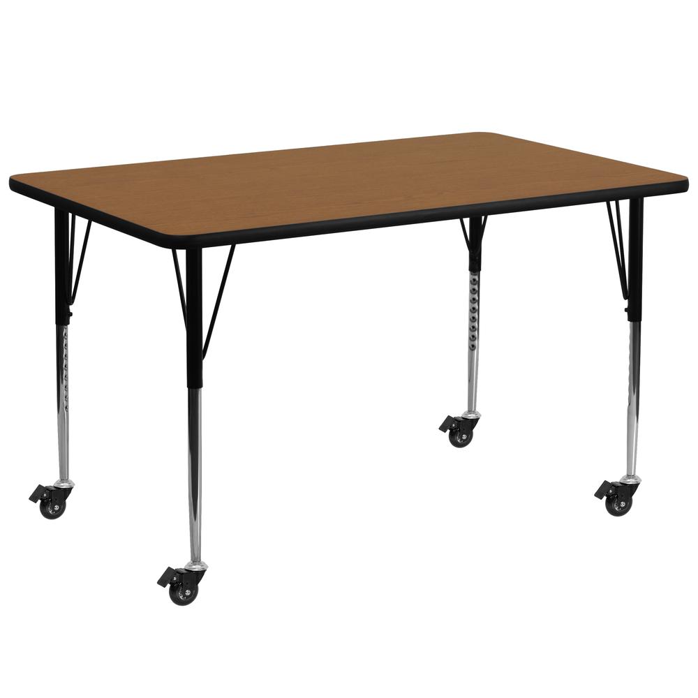 30-W x 72-L Rectangular Oak Thermal Laminate Activity Table - Mobile with Adjustable Legs
