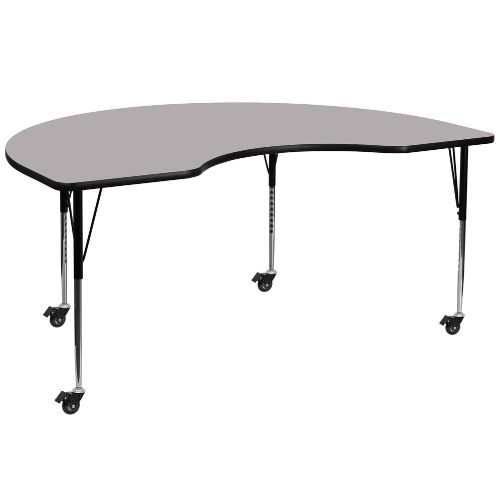 48-W x 72-L Kidney Grey Thermal Laminate Activity Table - Standard Height Adjustable Legs for Mobile Use