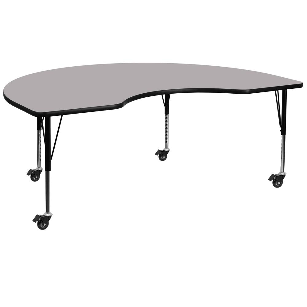 48-W x 72-L Kidney Grey Thermal Laminate Activity Table - Height Adjustable Short Legs for Mobile Use
