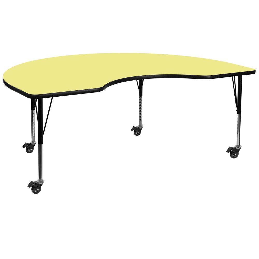 48-W x 72-L Kidney Yellow Thermal Laminate Activity Table - Height Adjustable Short Legs for Mobile Use