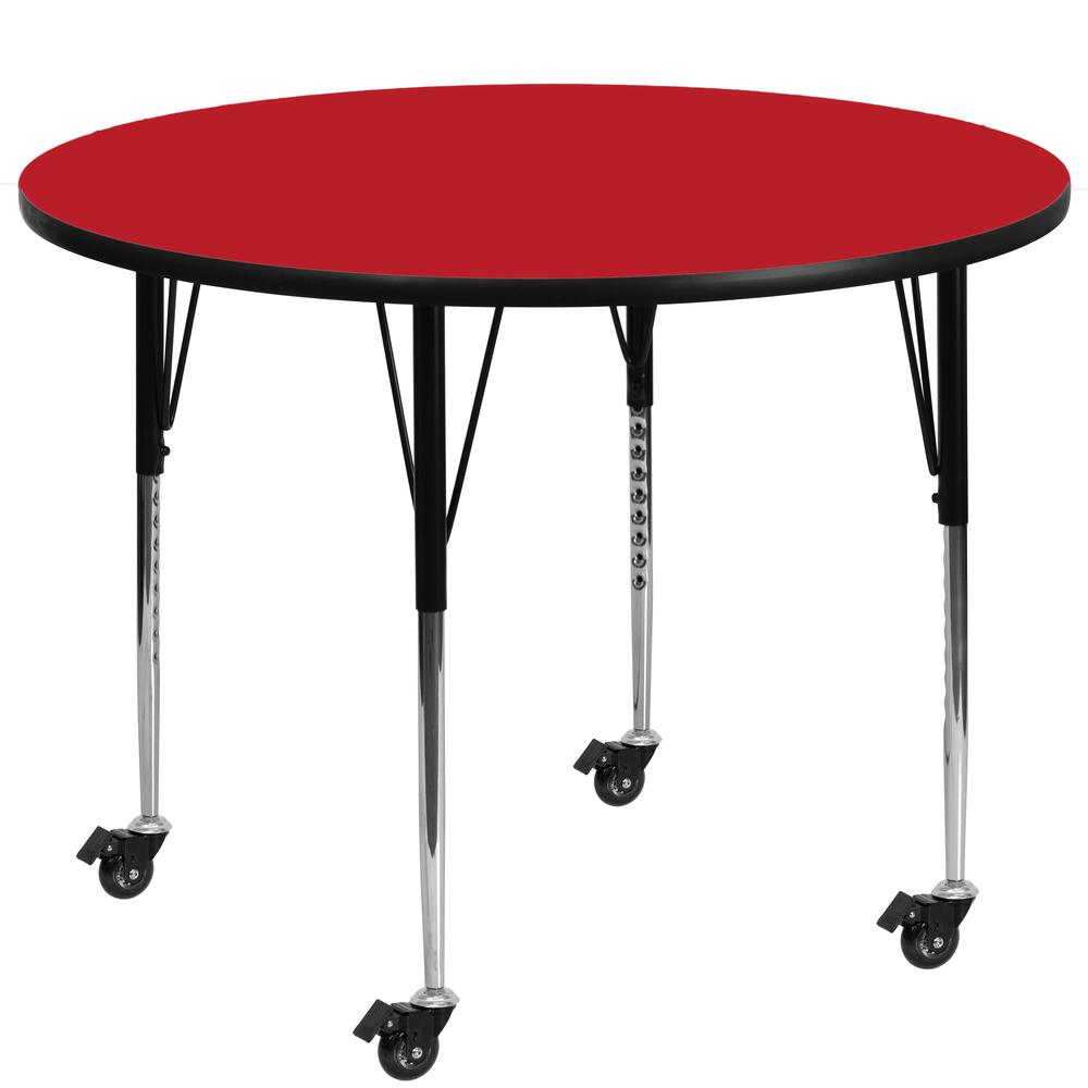 48- Round Red HP Laminate Activity Table - Mobile with Adjustable Legs