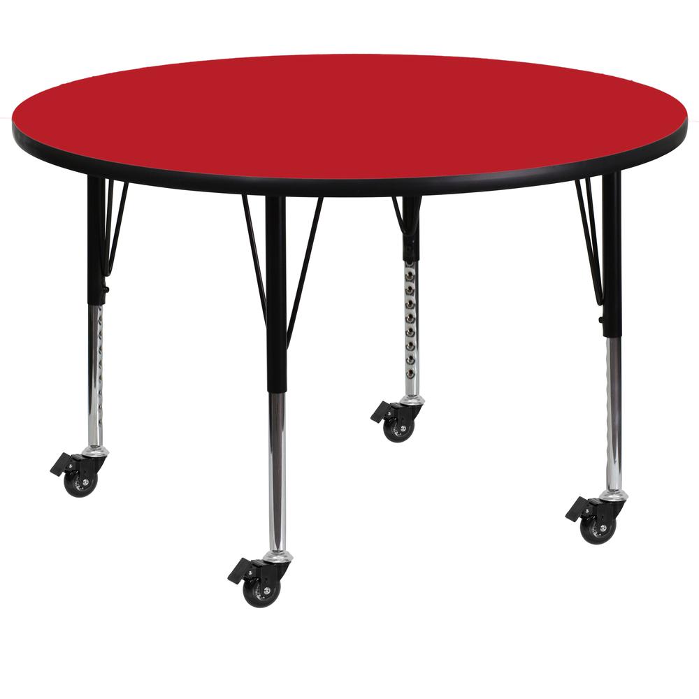 48- Round Red HP Laminate Activity Table - Height Adjustable Short Legs for Mobile Use