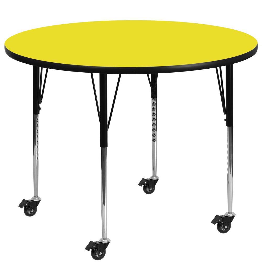 48- Round Yellow HP Laminate Activity Table - Mobile with Adjustable Legs