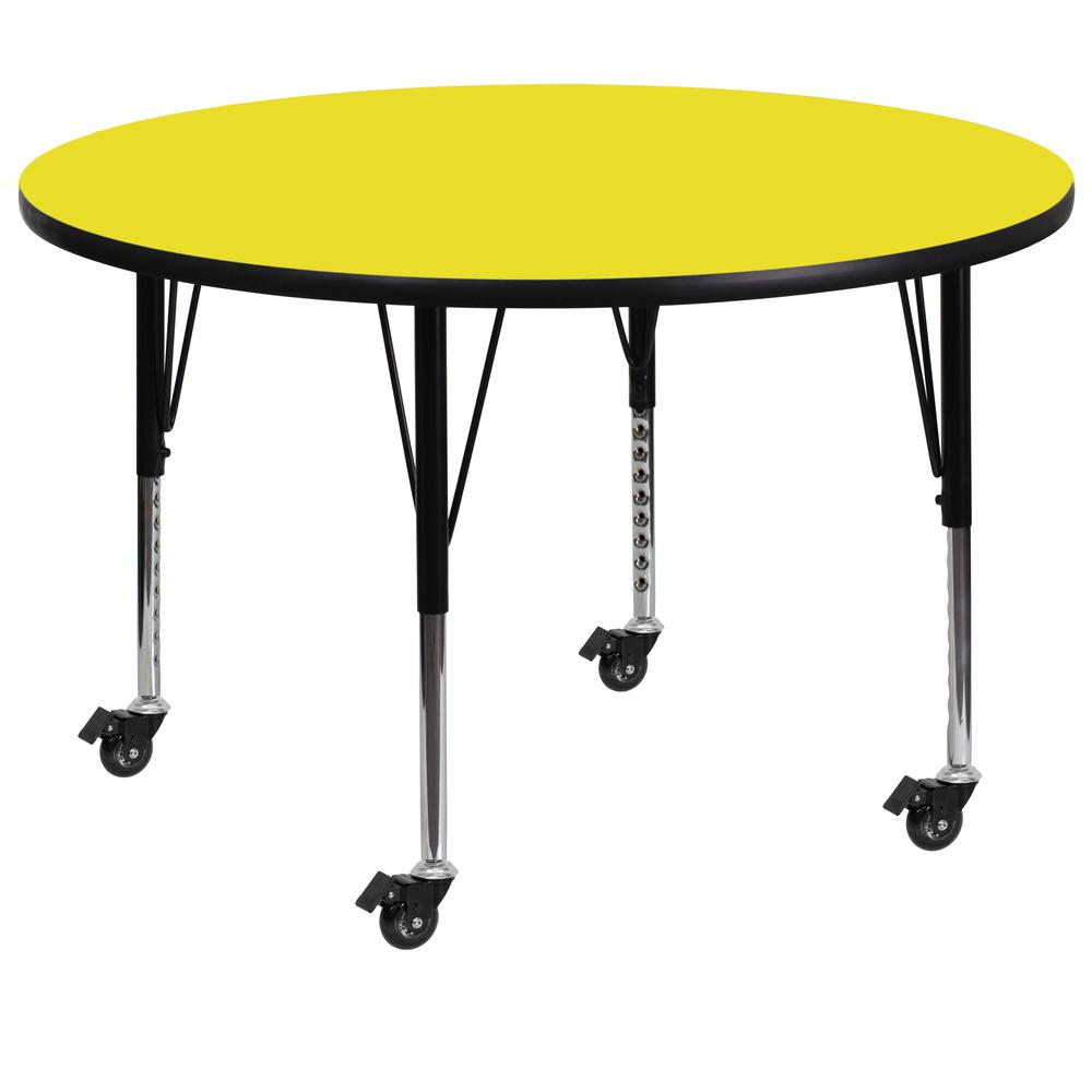 48- Round Yellow HP Laminate Activity Table - Height Adjustable Short Legs for Mobile Use