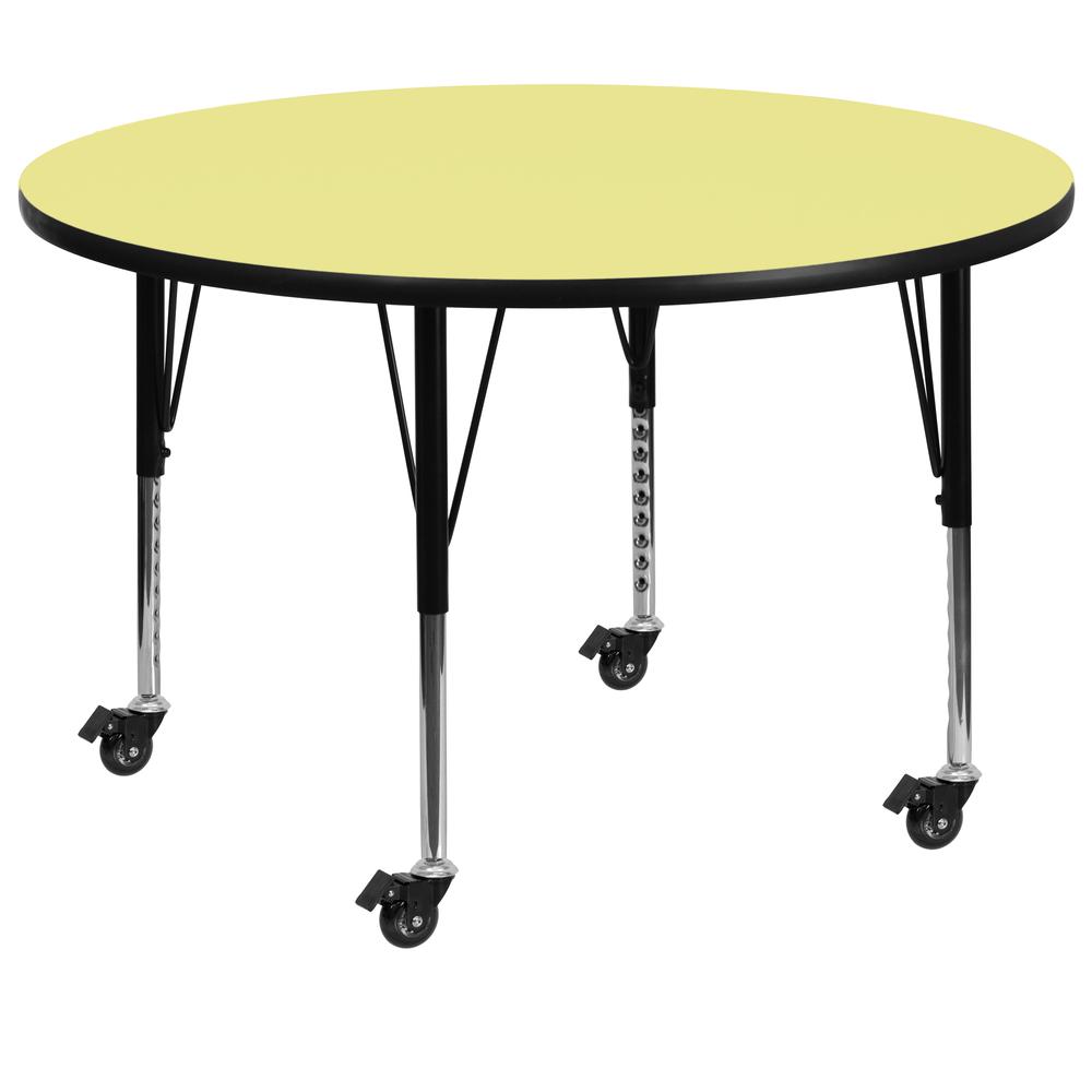 48- Round Yellow Thermal Laminate Activity Table - Height Adjustable with Short Legs