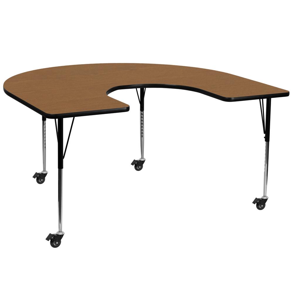60-W x 66-L Horseshoe Oak Thermal Laminate Activity Table - Standard Height Adjustable Legs for Mobile Use