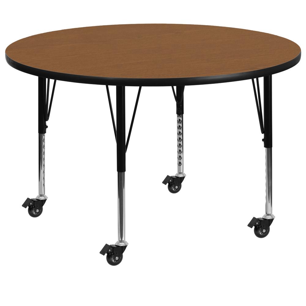 60- Round Oak Thermal Laminate Activity Table - Height Adjustable with Short Legs