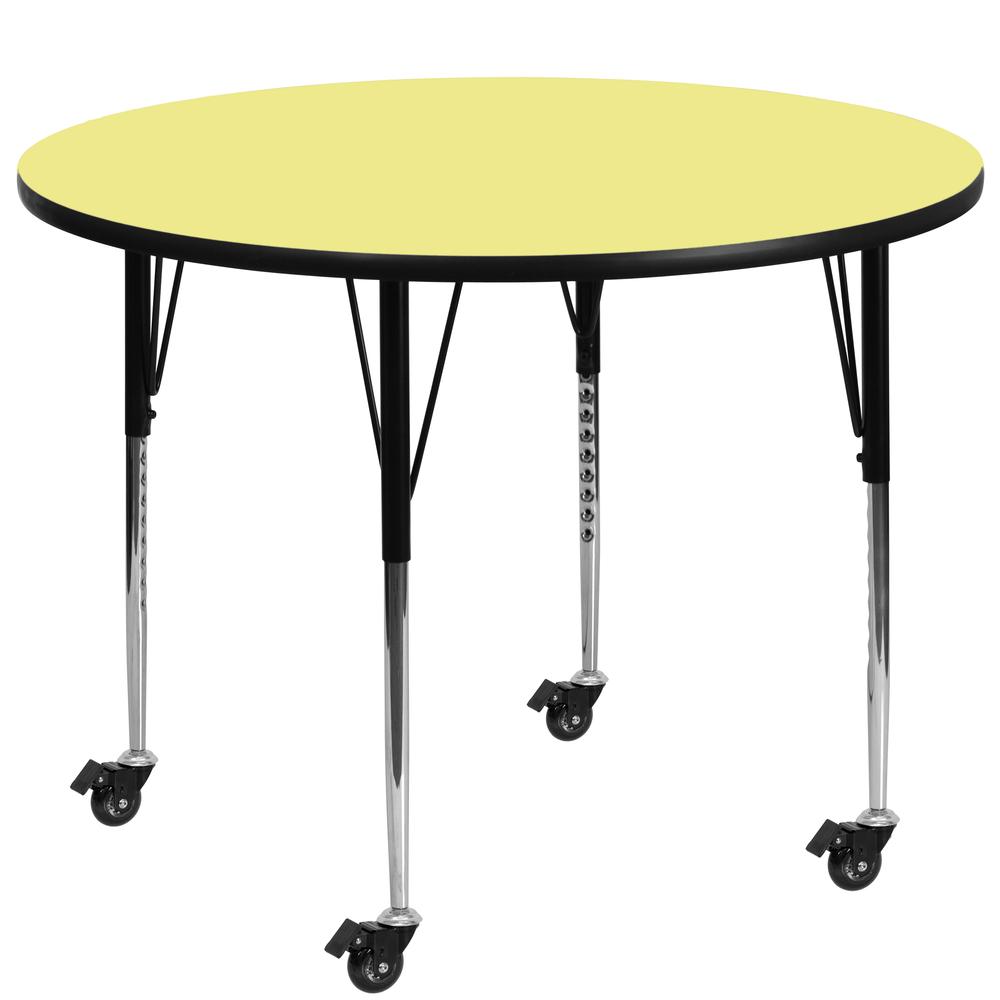 60- Round Yellow Thermal Laminate Activity Table - Mobile with Adjustable Legs