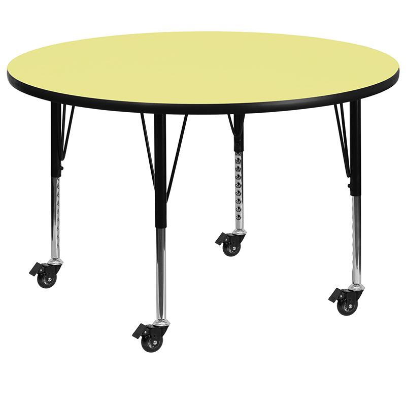 60- Round Yellow Thermal Laminate Activity Table - Height Adjustable with Short Legs