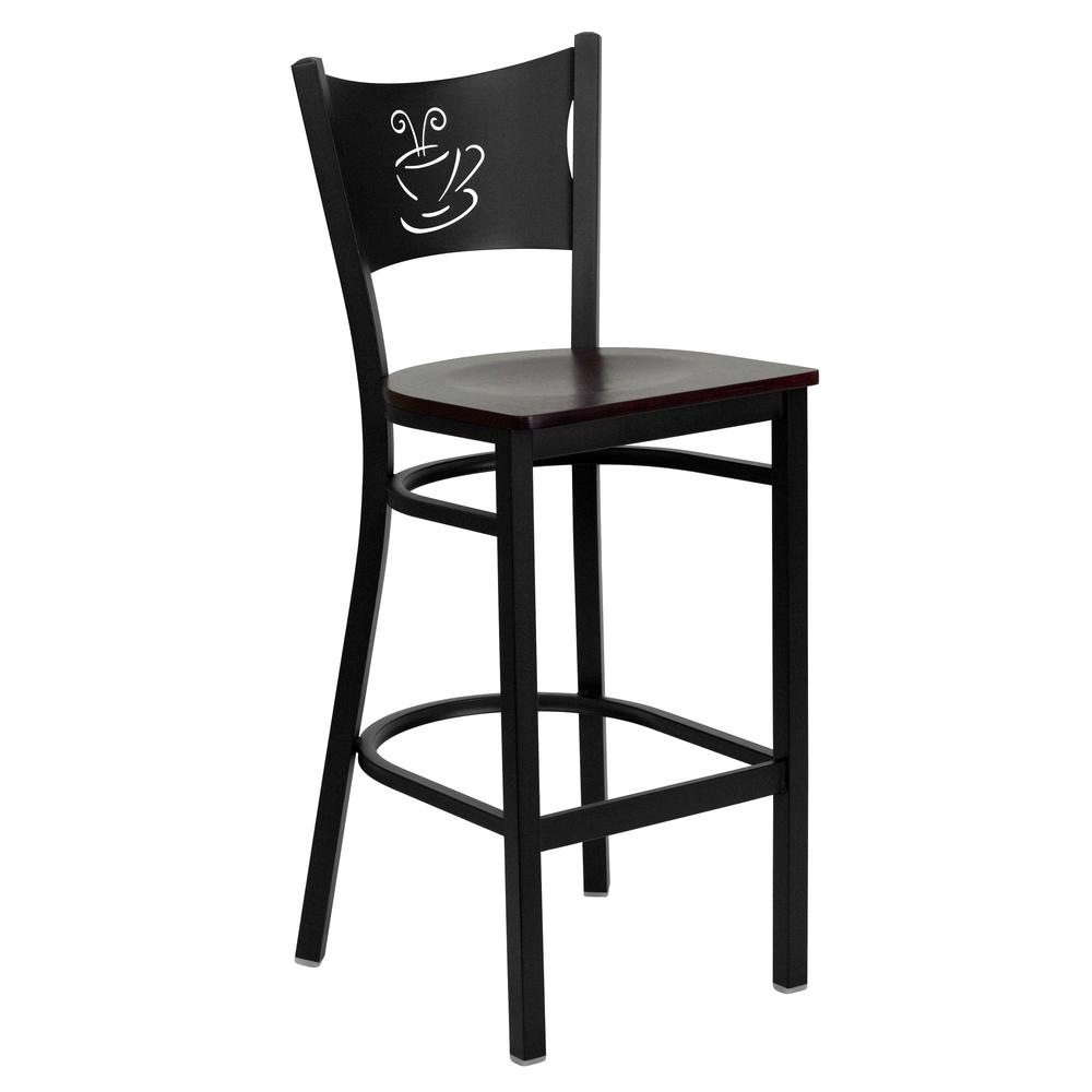 Black Coffee Back Metal Restaurant Barstool with Mahogany Wood Seat