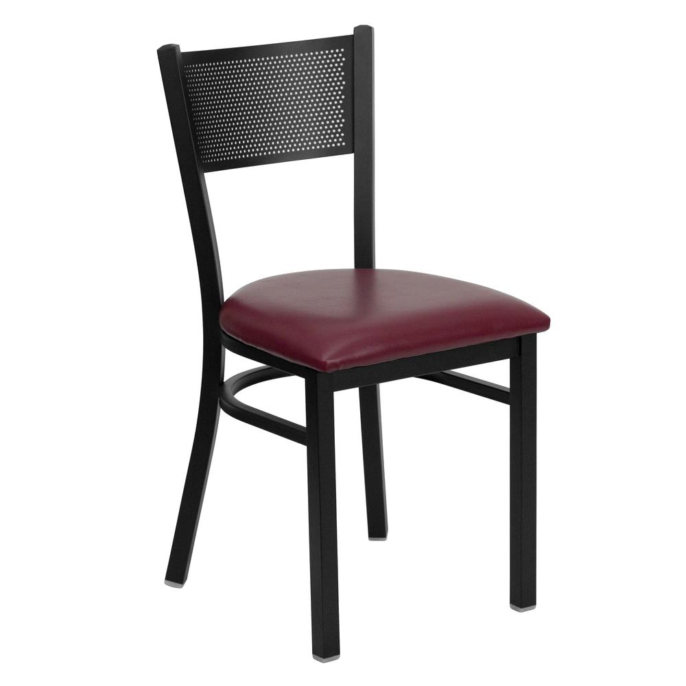 Image of Hercules Series Black Grid Back Metal Restaurant Chair - Burgundy Vinyl Seat