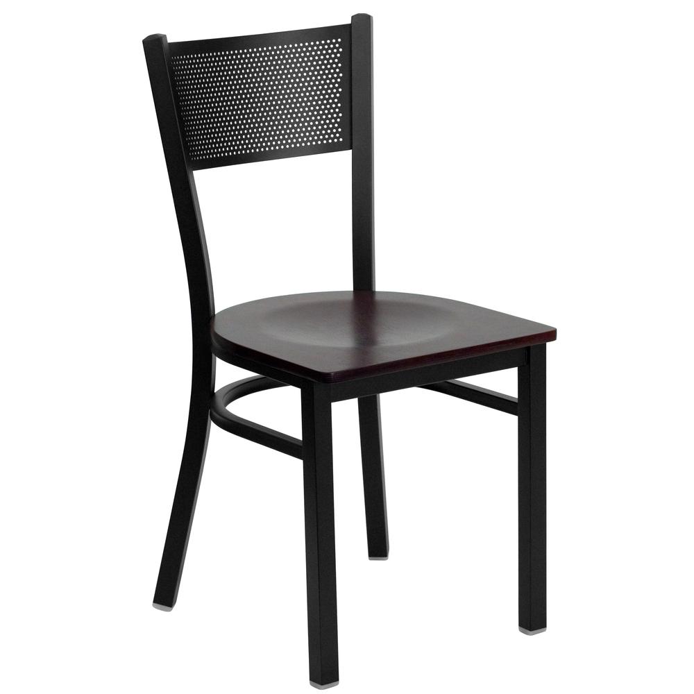 Image of Hercules Series Black Grid Back Metal Restaurant Chair - Mahogany Wood Seat