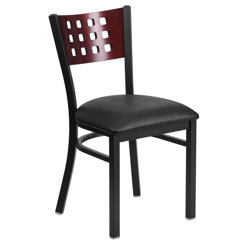 Black Cutout Back Metal Restaurant Chair with Mahogany Wood Back and Black Vinyl Seat - HERCULES Series