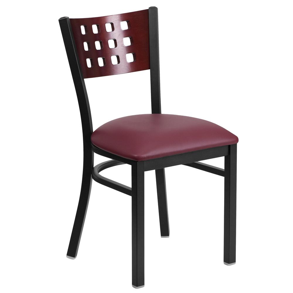 Black Cutout Back Metal Restaurant Chair with Mahogany Wood Back and Burgundy Vinyl Seat - HERCULES Series