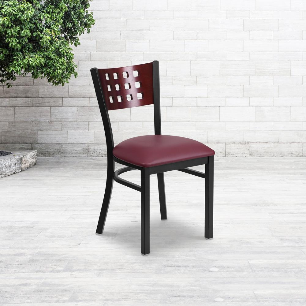 Black Cutout Back Metal Restaurant Chair with Mahogany Wood Back and Burgundy Vinyl Seat - HERCULES Series