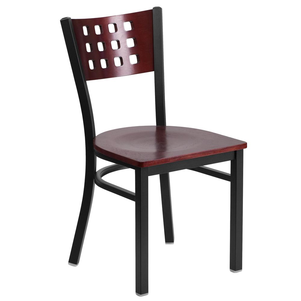 Black Cutout Back Metal Restaurant Chair with Mahogany Wood Back and Seat - HERCULES Series