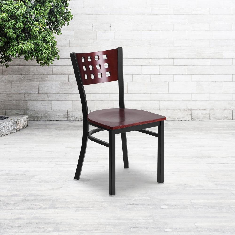 Black Cutout Back Metal Restaurant Chair with Mahogany Wood Back and Seat - HERCULES Series