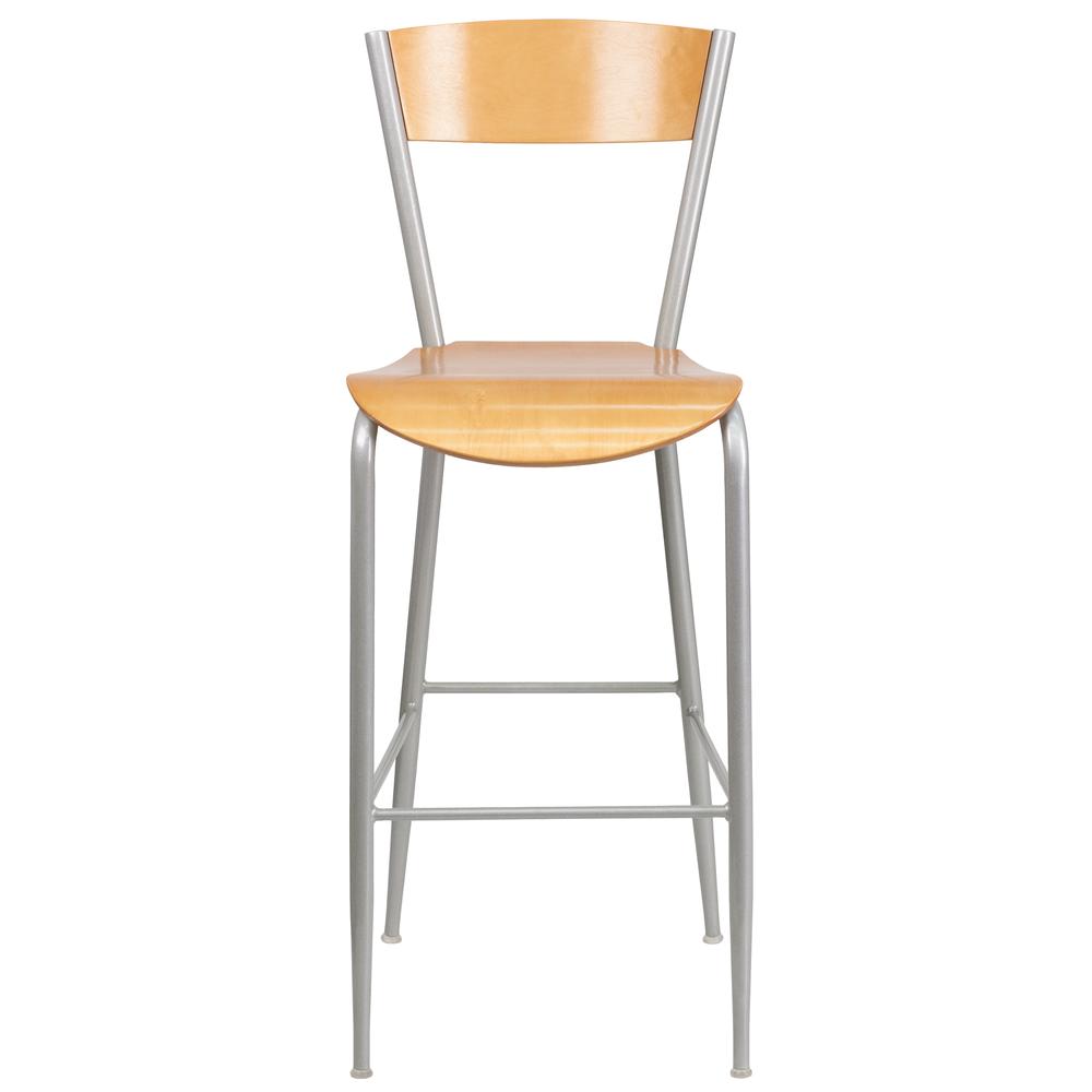 Invincible Series Silver Metal Barstool with Natural Wood Back and Seat