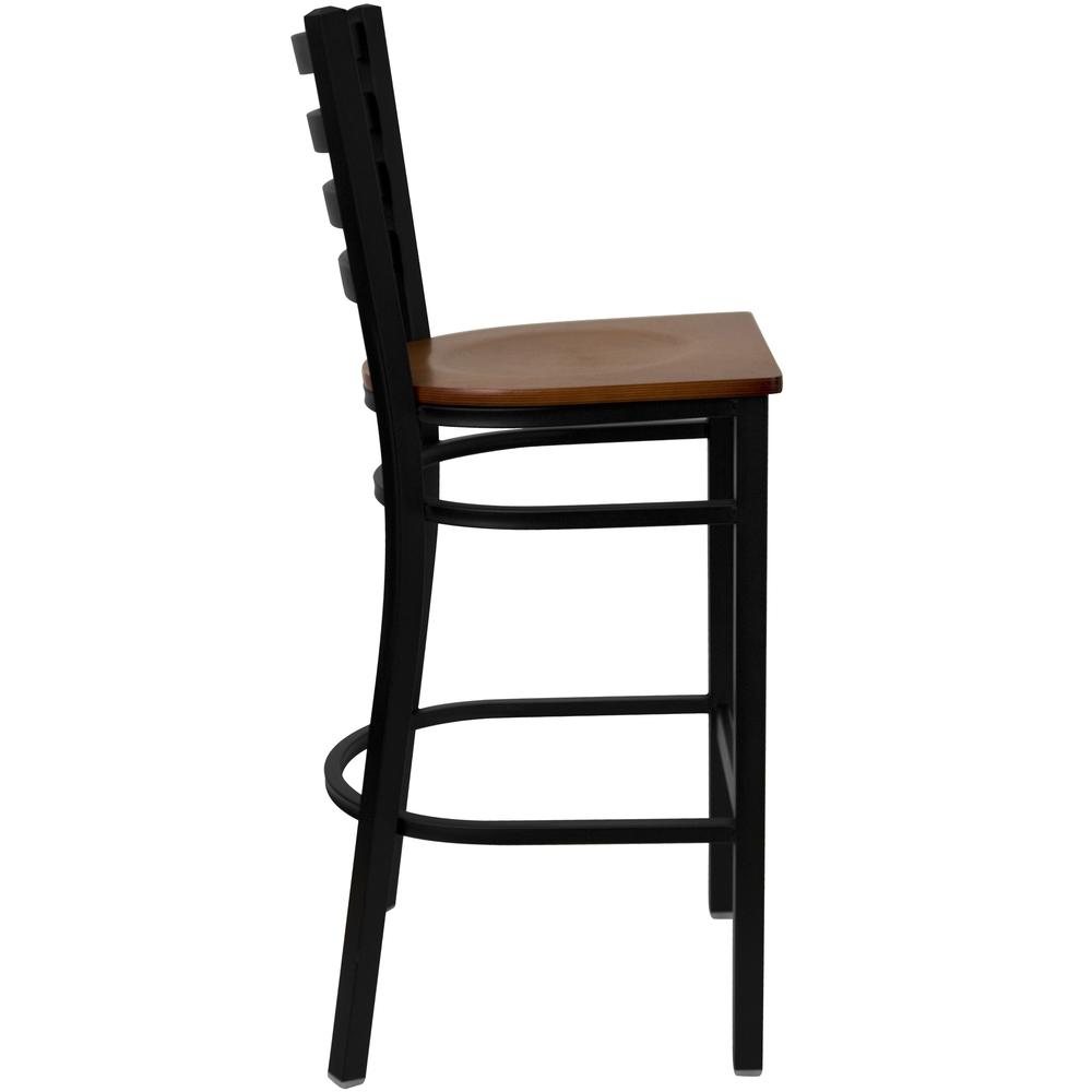 Black Ladder Back Metal Restaurant Barstool with Cherry Wood Seat