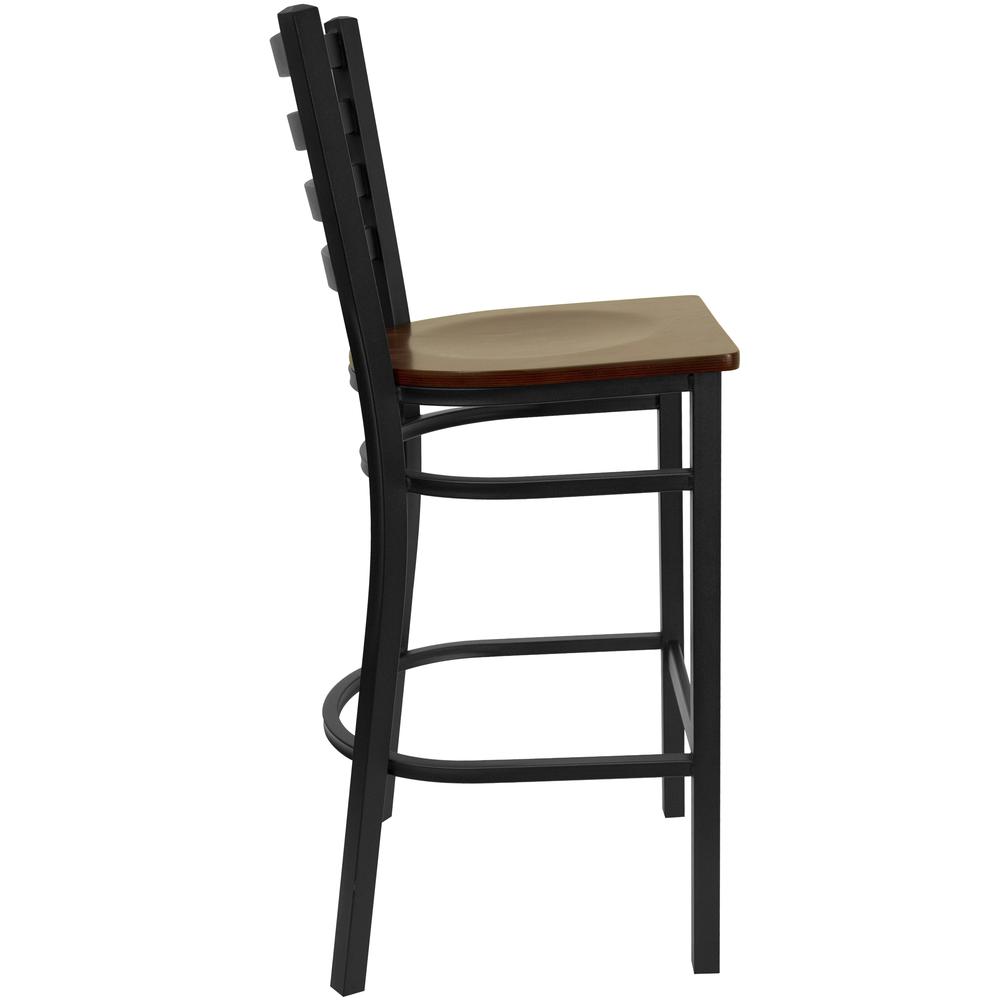 Black Ladder Back Metal Restaurant Barstool with Mahogany Wood Seat