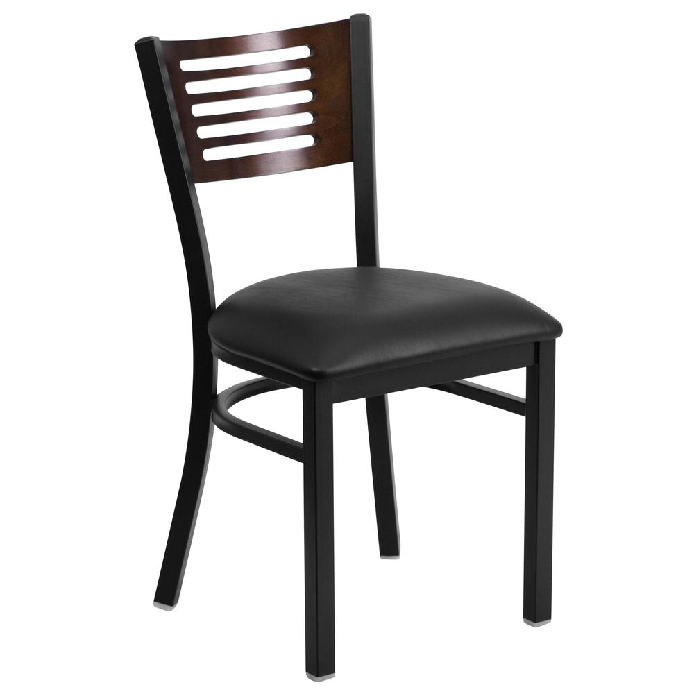 Black Slat Back Metal Restaurant Chair with Walnut Wood Back and Black Vinyl Seat
