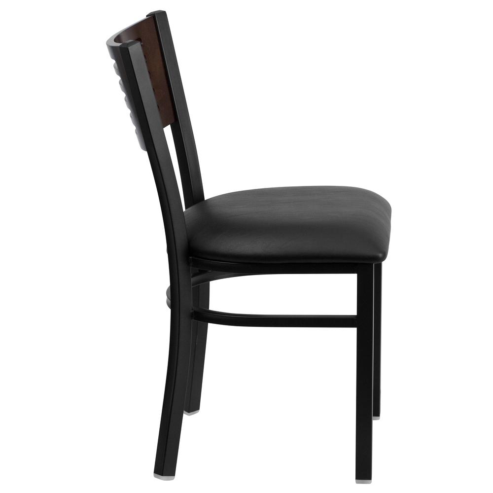 Black Slat Back Metal Restaurant Chair with Walnut Wood Back and Black Vinyl Seat
