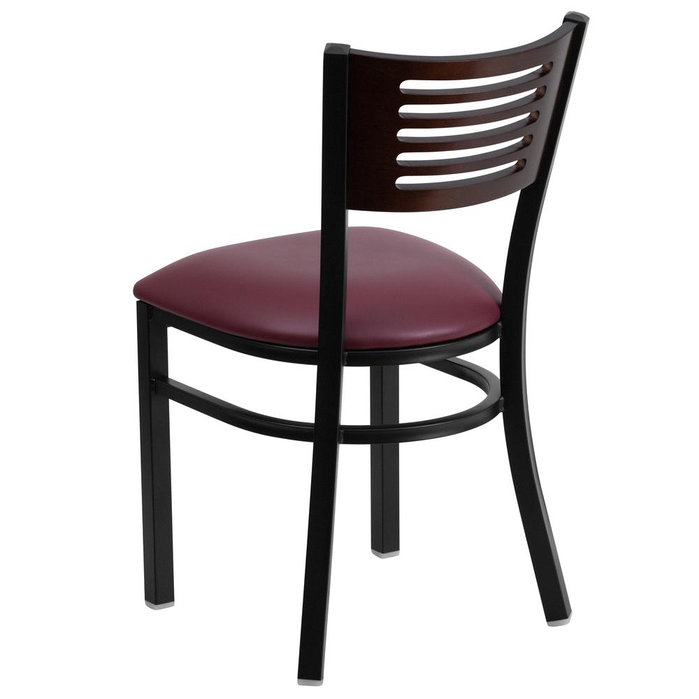 Black Slat Back Metal Restaurant Chair with Walnut Wood Back and Burgundy Vinyl Seat - HERCULES Series