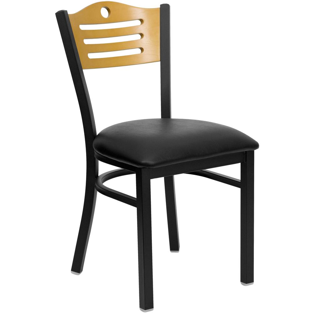Image of Hercules Series Black Slat Back Metal Restaurant Chair - Natural Wood Back, Black Vinyl Seat