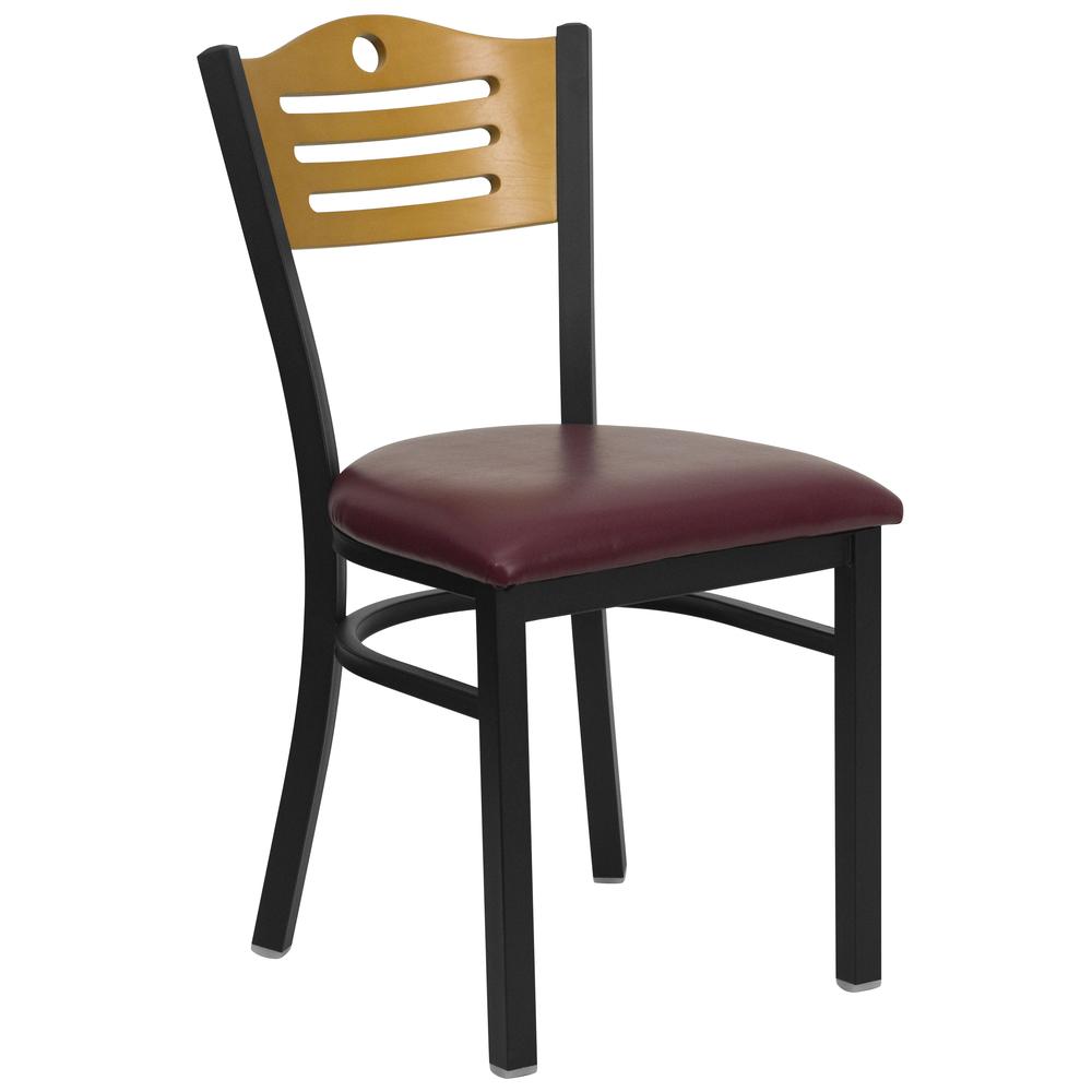 Image of Hercules Series Black Slat Back Metal Restaurant Chair - Natural Wood Back, Burgundy Vinyl Seat