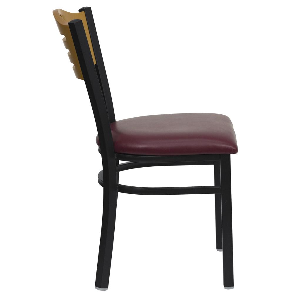 Hercules Series Black Slat Back Metal Restaurant Chair - Natural Wood Back, Burgundy Vinyl Seat