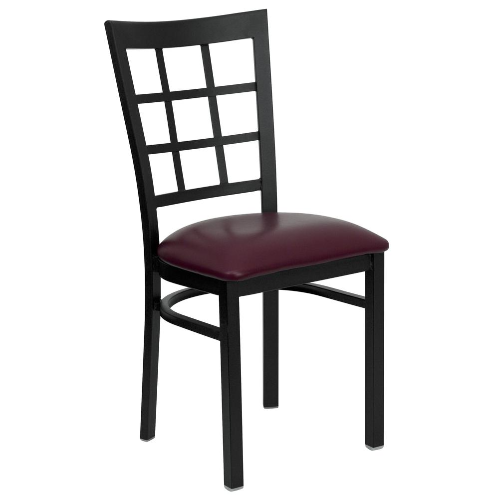Image of Hercules Series Black Window Back Metal Restaurant Chair - Burgundy Vinyl Seat