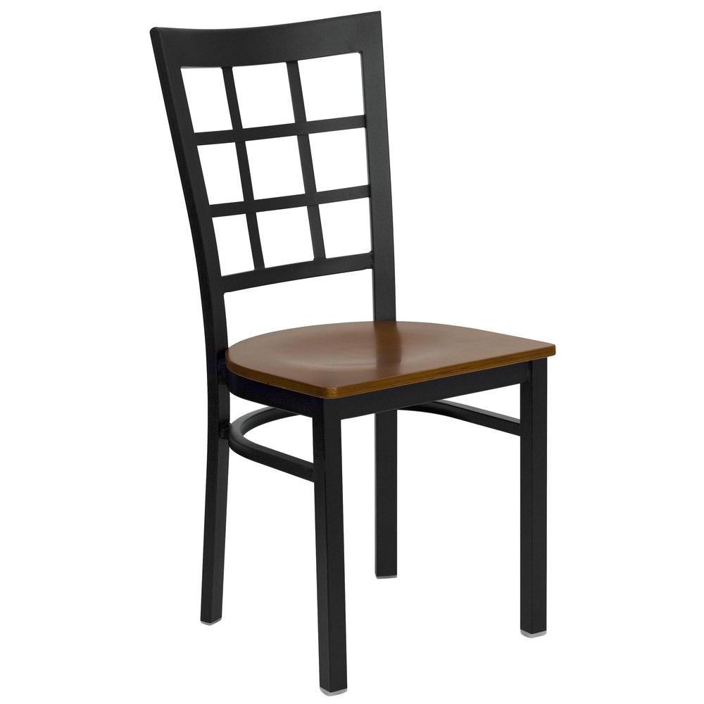 Image of Hercules Series Black Window Back Metal Restaurant Chair - Cherry Wood Seat