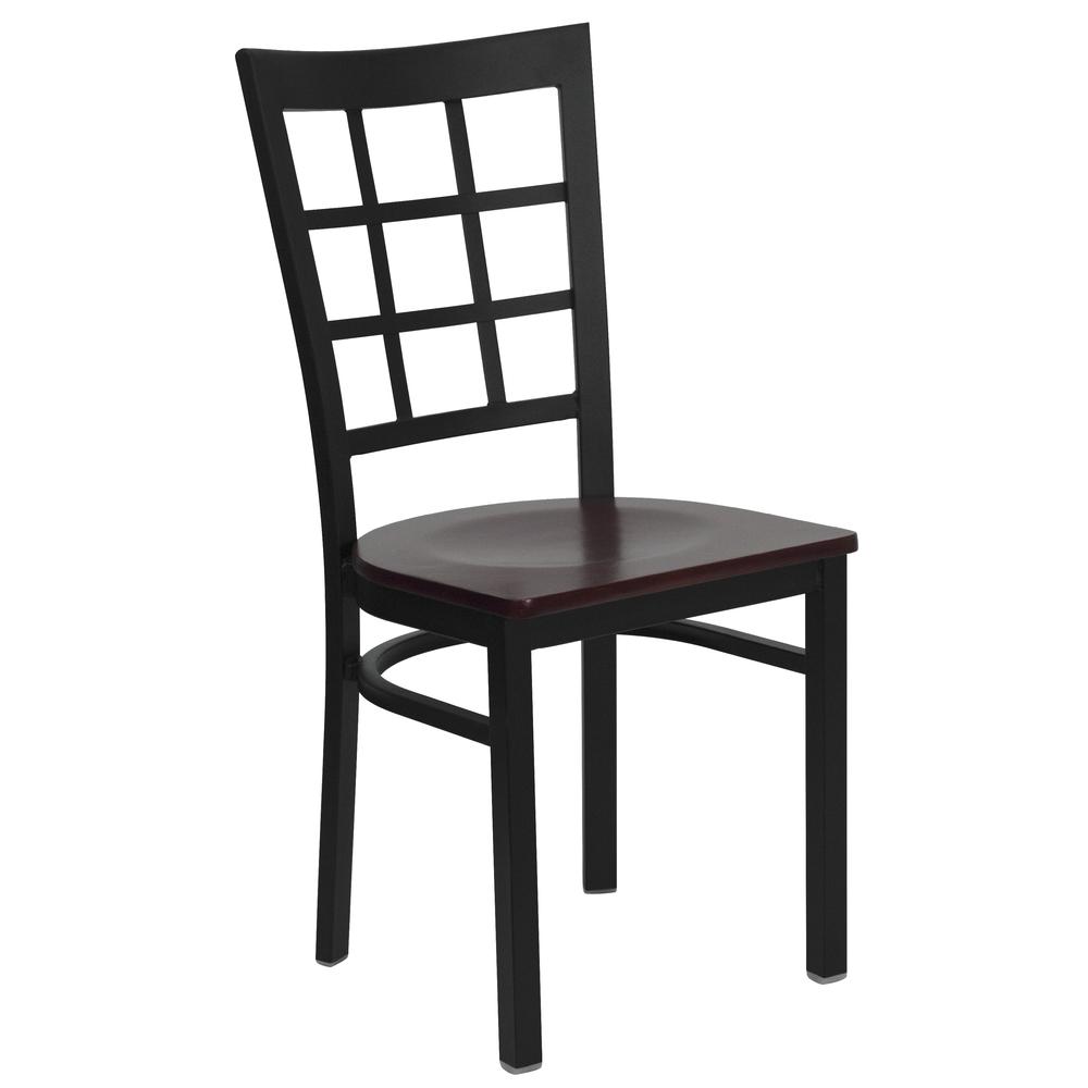 Image of Hercules Series Black Window Back Metal Restaurant Chair - Mahogany Wood Seat