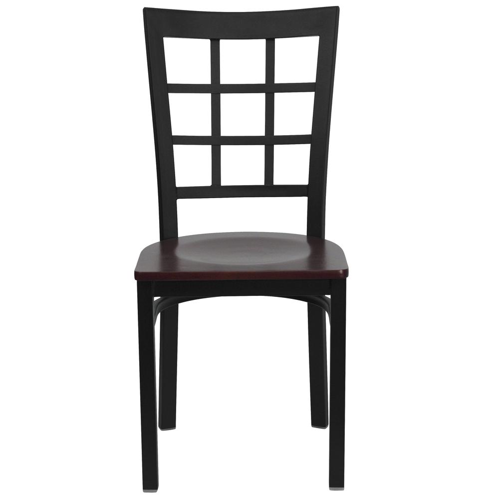 Hercules Series Black Window Back Metal Restaurant Chair - Mahogany Wood Seat