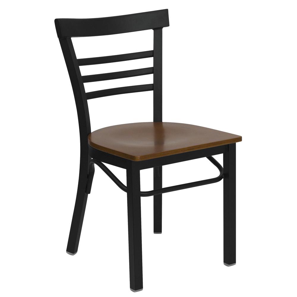 Image of Hercules Series Black Three-Slat Ladder Back Metal Restaurant Chair - Cherry Wood Seat