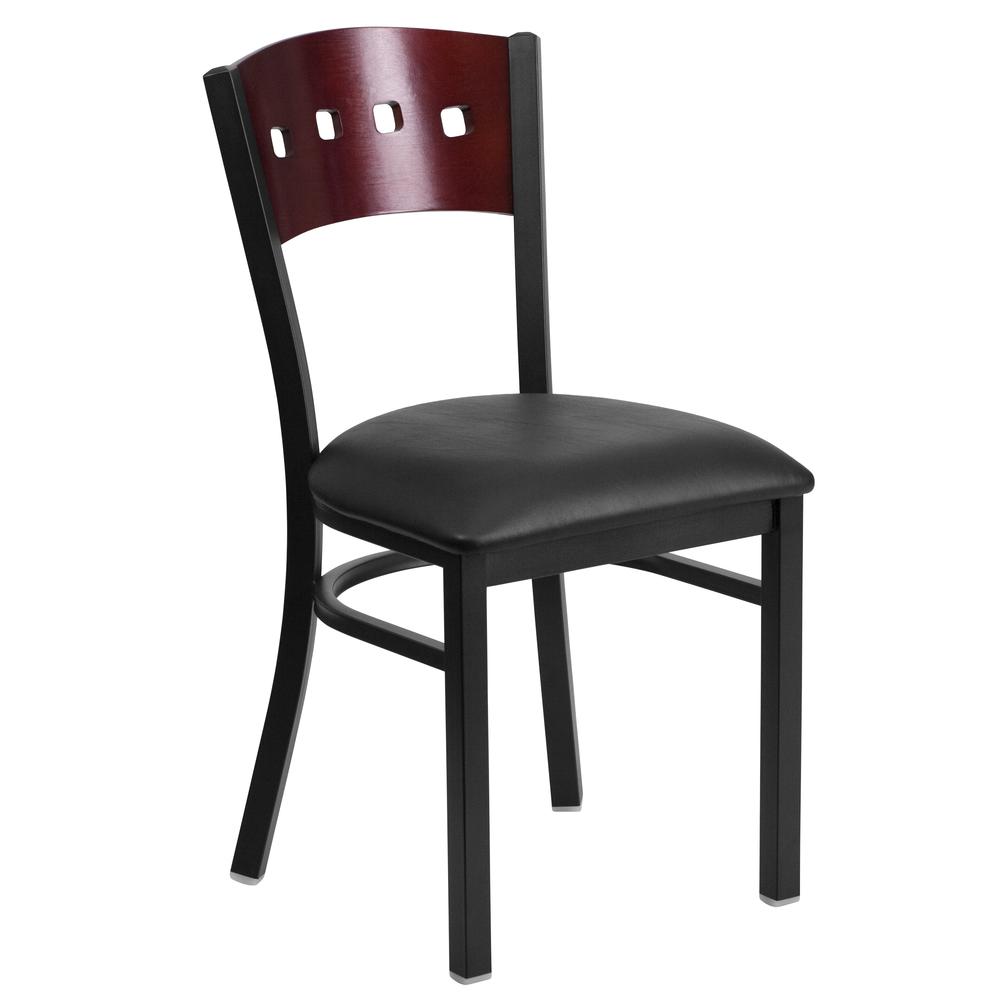 Black Metal Restaurant Chair with Mahogany Wood Back and Black Vinyl Seat