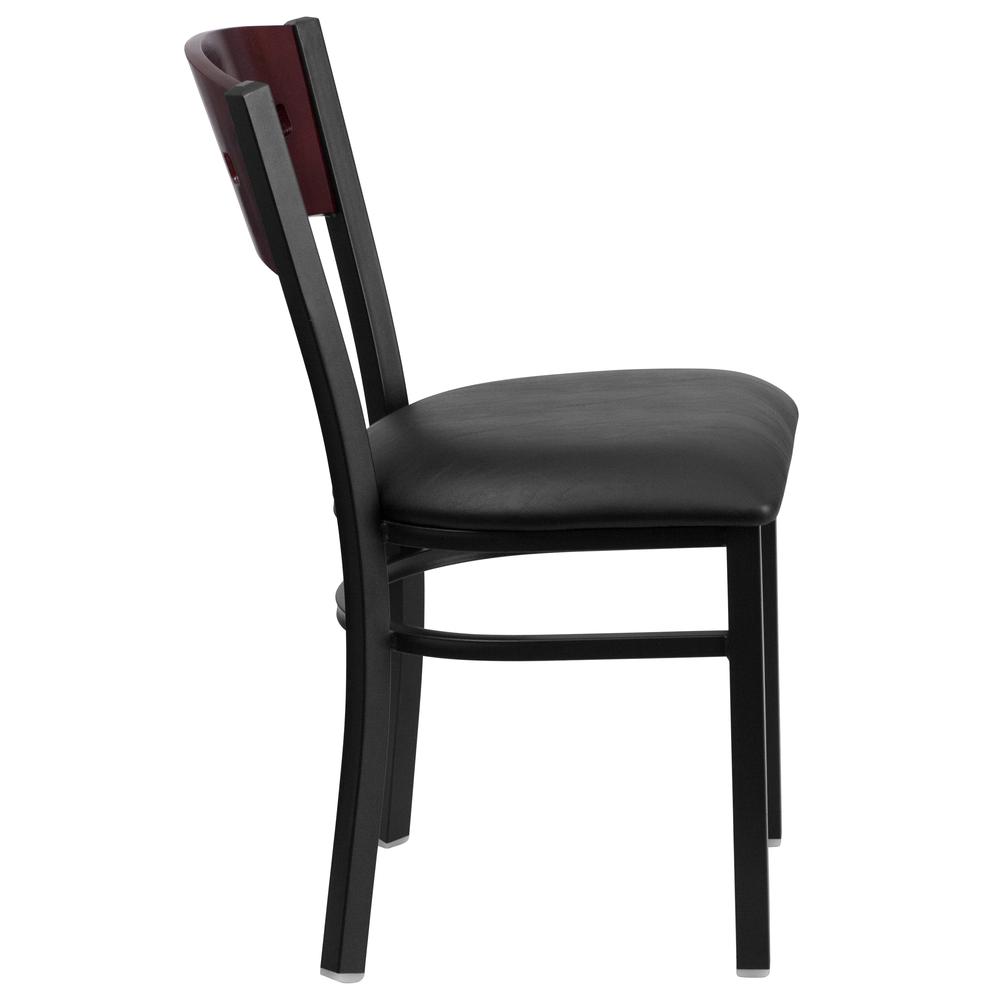 Black Metal Restaurant Chair with Mahogany Wood Back and Black Vinyl Seat